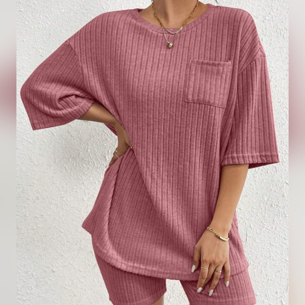 Pink Ribbed Women's Shorts Set - Picture 3 of 9